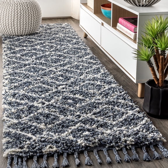 JONATHAN Y MERCER SHAG 2 x 8 Runner Rug, Mercer Plush Tassel Moroccan Diamond - Denim Blue/Cream, MCR105A-28