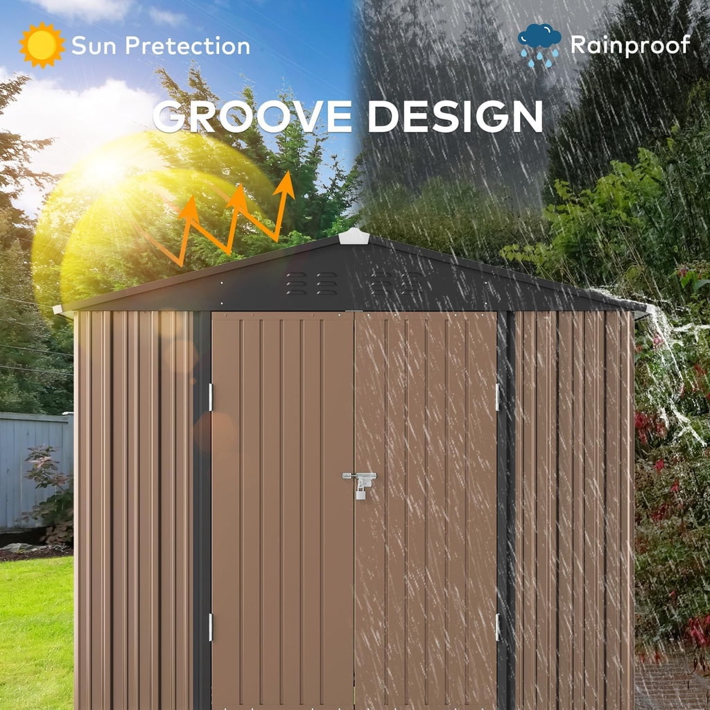 8' x 6' Outdoor Storage Shed on Sale, Aiho Shed & Outdoor Storage Clearance, Metal Storage Shed for Outside, Backyard, Garden & Patio - Light Brown