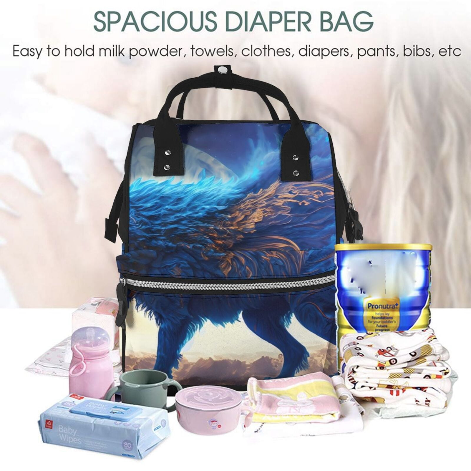 Fuzoiu Moonlit Blue Wolf Print Diaper Bag Backpack,Baby Essentials Travel Tote,Multi function Waterproof Diaper Bag, Travel Essentials Baby Bag - Unisex