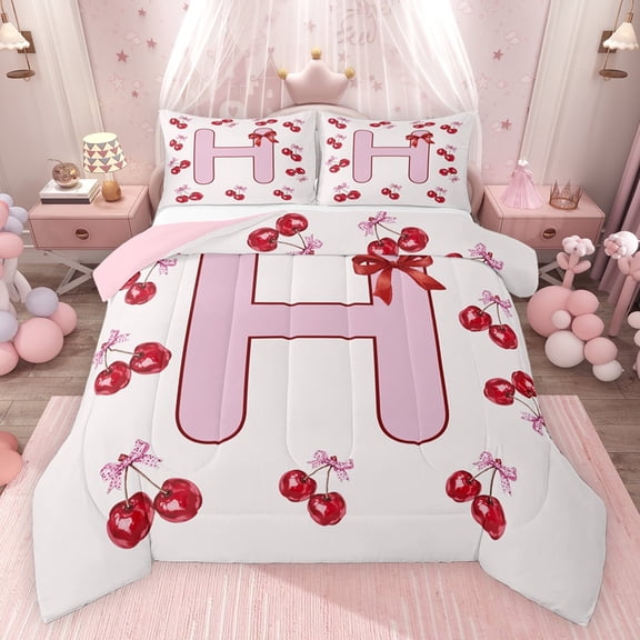 Feelyou Princess Monogrammed H Bedding Comforter Set, Fashion Ribbon Cherry Twin Comforter Sets, Teens Kids Girls Women Reversible Bedding Set, Luxury Bedroom Decor, 2-Piece