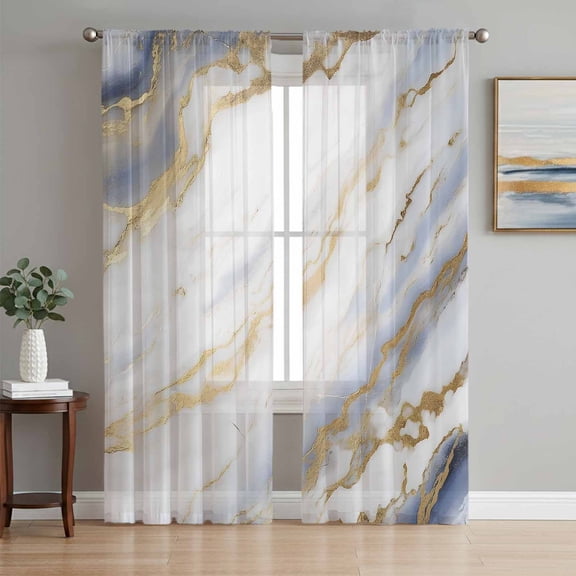 White Gold Marble Sheer Curtains 96 Inch Length 2 Panels Set, Abstract Blue Simple Geometric Voile Window Treatment Semi Sheer Long Curtains Drapes for Bedroom/Living Room/Kitchen 52"x96"x2