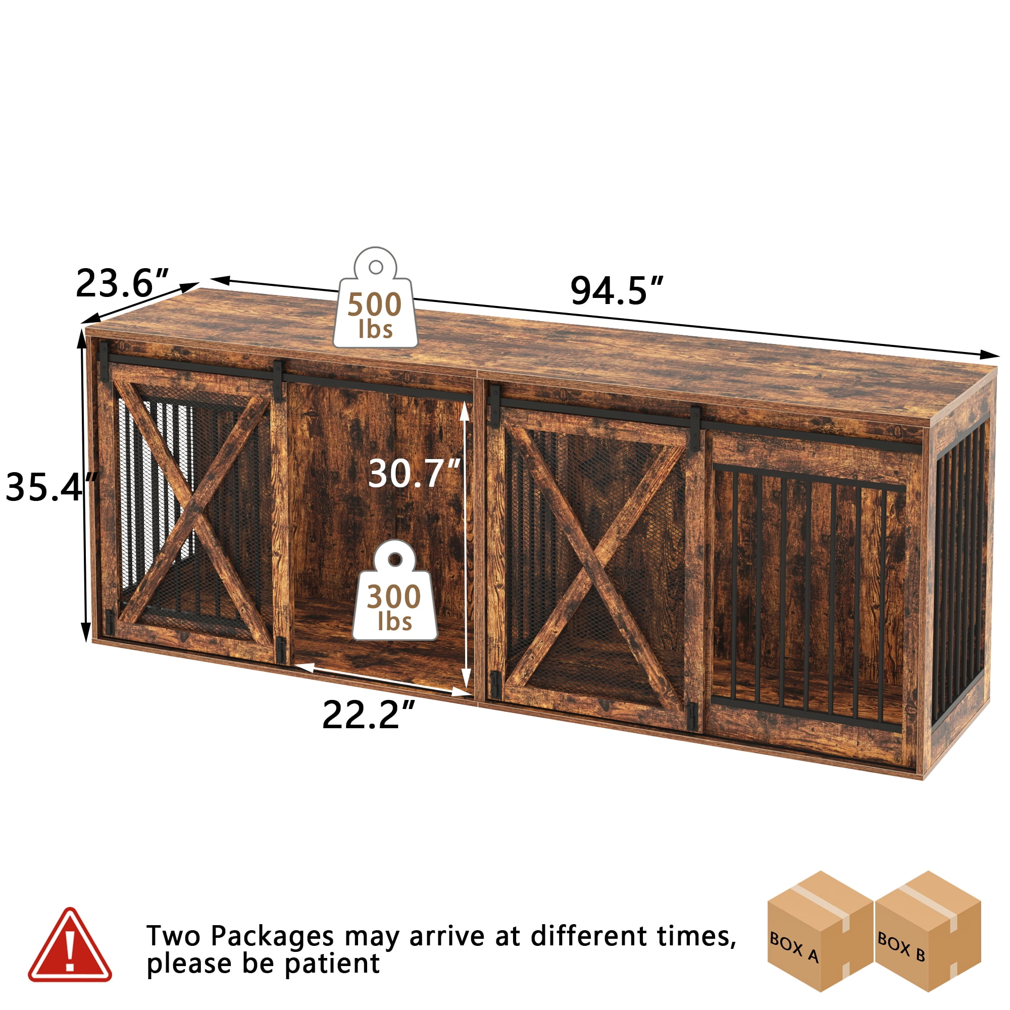 Nordee 94.5" Wooden Dog Crate Furniture for 2 Large Dogs, Heavy Duty Double Dog Kennel with Divider, Extra Large Breed, 35.4" Tall,Rustic Brown
