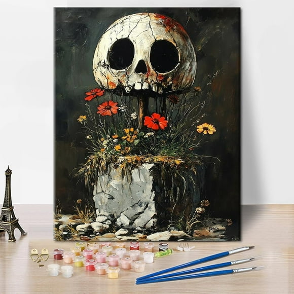 shiyou-Skull Paint by Numbers Flower Adults' Paint-by-Number Kits DIY Skull and Flower Paint by Numbers Kit for Adults Canvas Oil Painting Art Crafts for Wall Decoration 16x20 Inch Without Frame