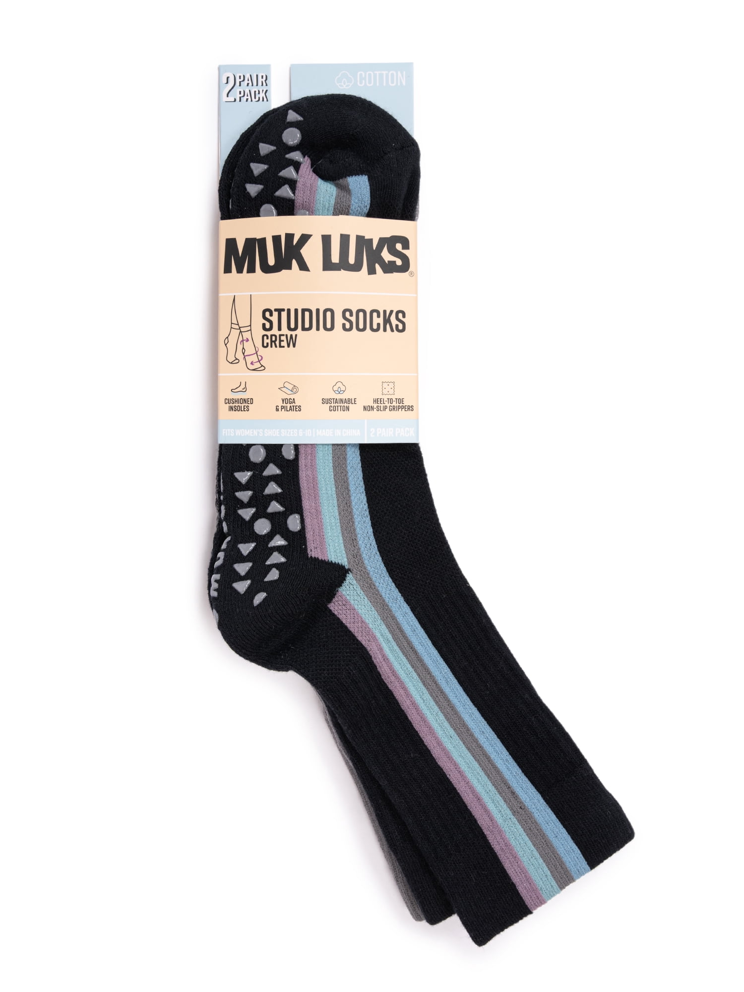 MUK LUKS Women's Pilates Cotton Crew Socks, 2-Pack, Shoe Sizes 6-10