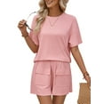 thumbnail image 2 of Women Matching Shorts Knitted Pockets Sets Fall Round Neck 2 Piece Set Summer Short Sleeve Lounge Sets Pink XL, 2 of 9