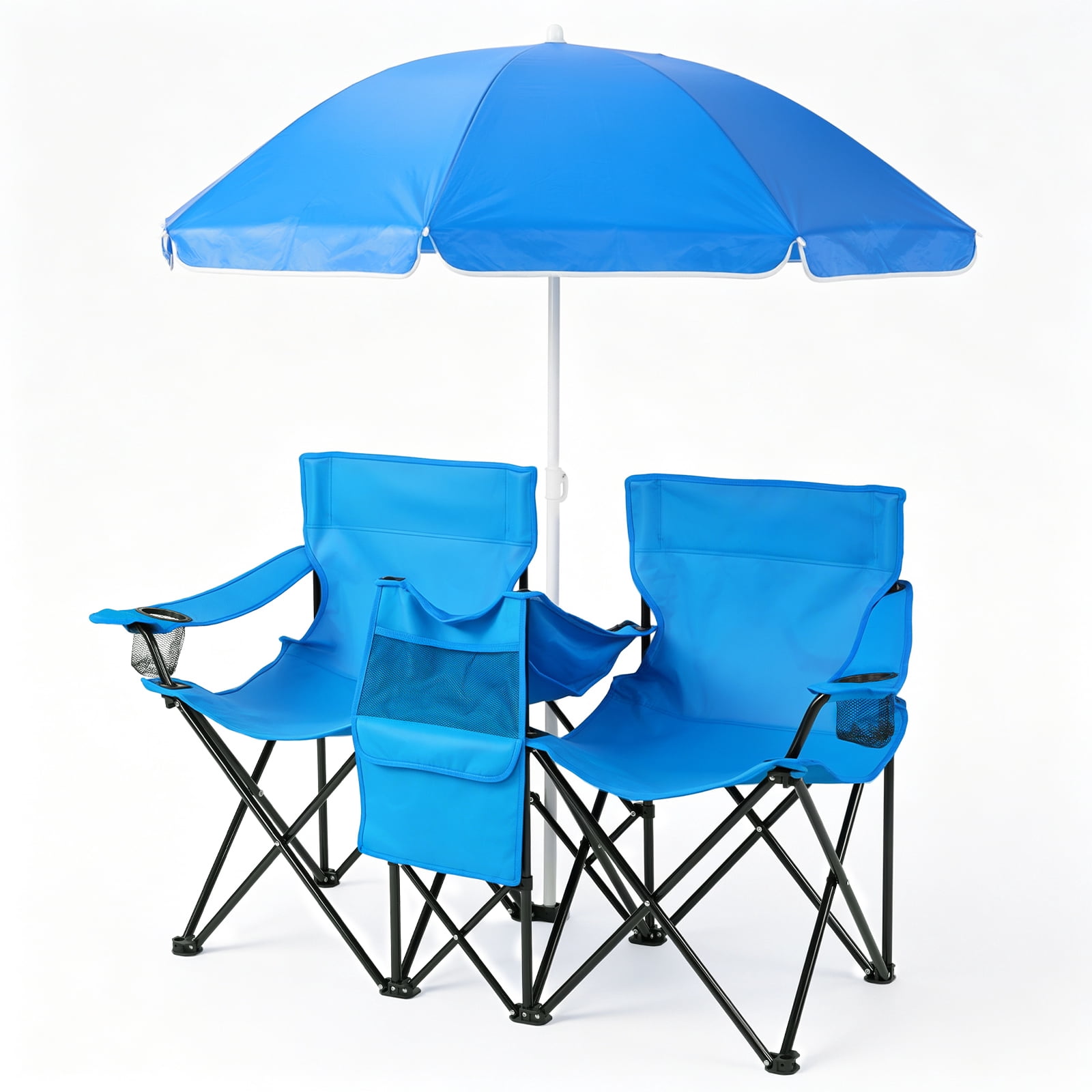 Double Fishing Chair with Detachable Sun Umbrella & Insulated Cooler Bag, 2 Person XL Folding Lounge Chair, Waterproof Oxford Cloth for Fishing Camping Beach Patio