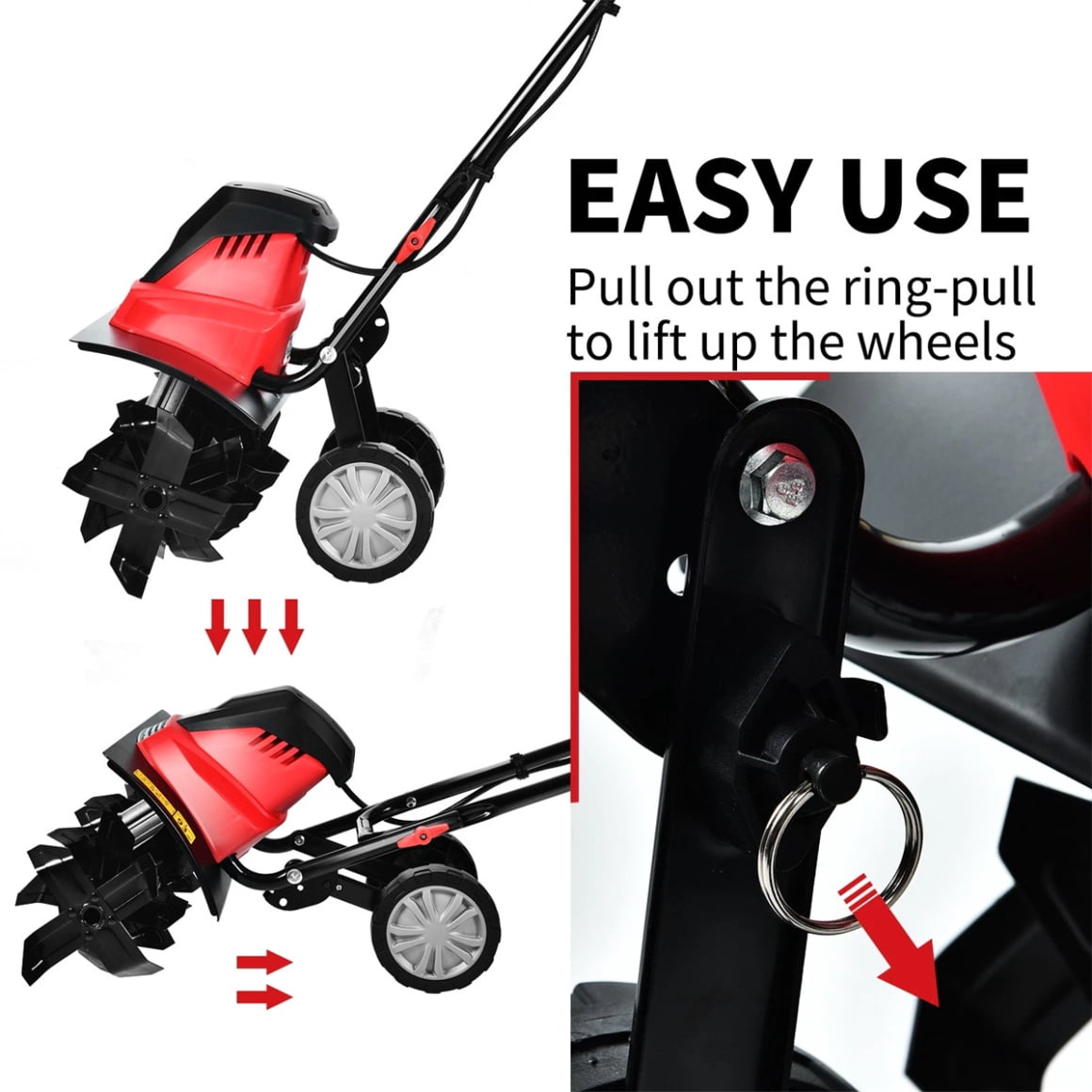 17-Inch Electric Tiller, 14 Inch Tilling Width 9 Inch Electric Tiller, Foldable Electric Rototiller, 10 Amp Tiller Cultivator for Lawn, Yard, Garden Soil Digging, Red+Black