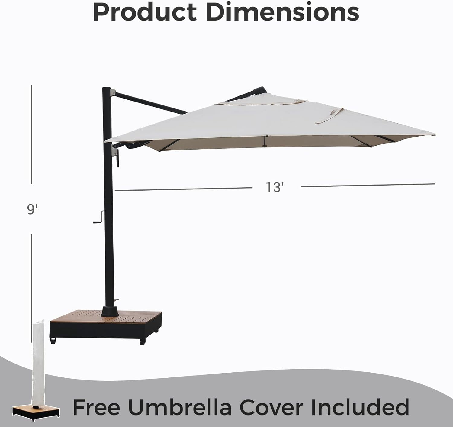 Grand Patio 10x13 ft Outdoor Cantilever Umbrella with Acrylic Fabric & Base & Cover for Poolside, Deck, Backyard, Black Pole