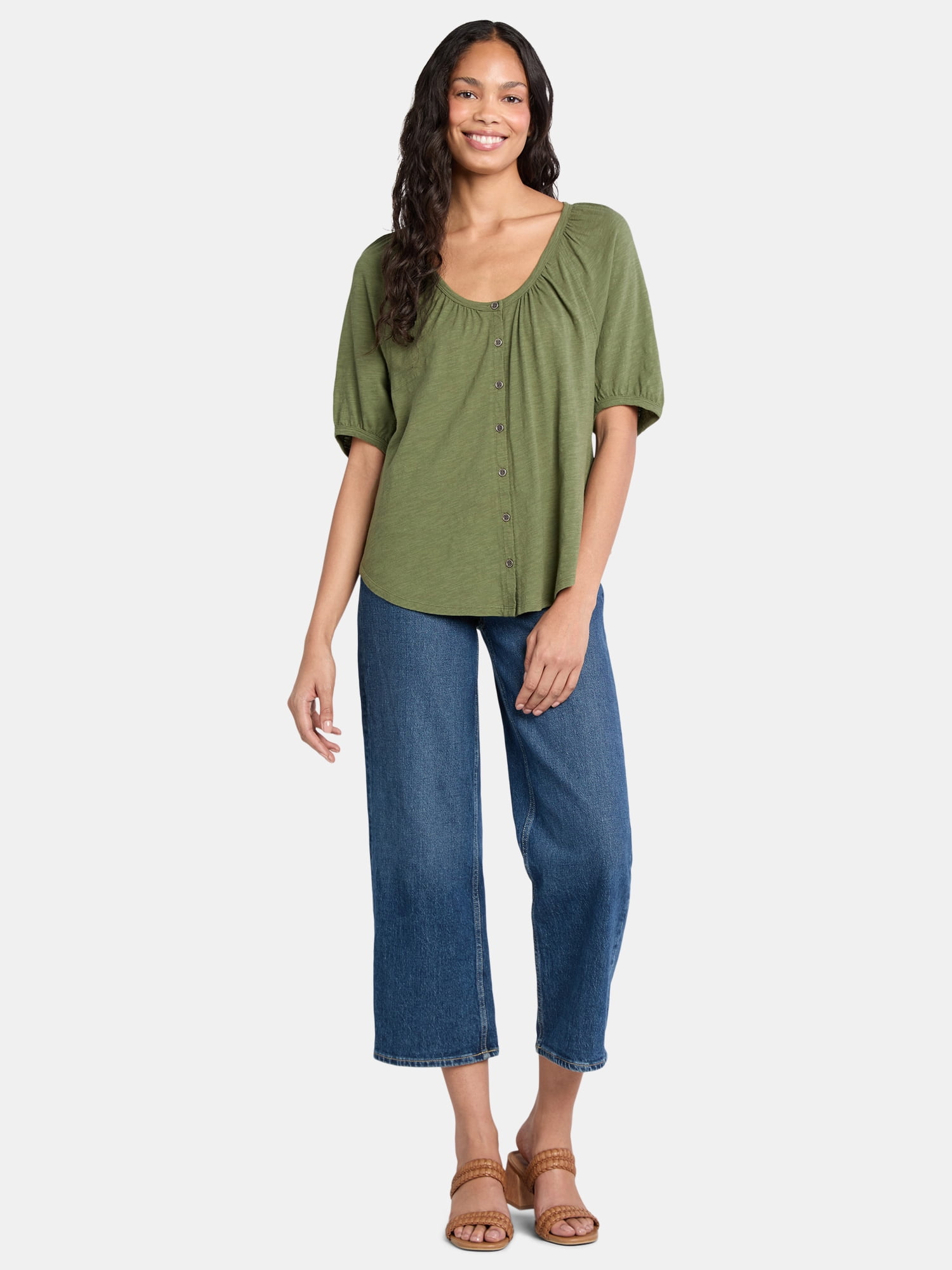 Time and Tru Women's Cotton Peasant Top, Sizes XS-XXXL