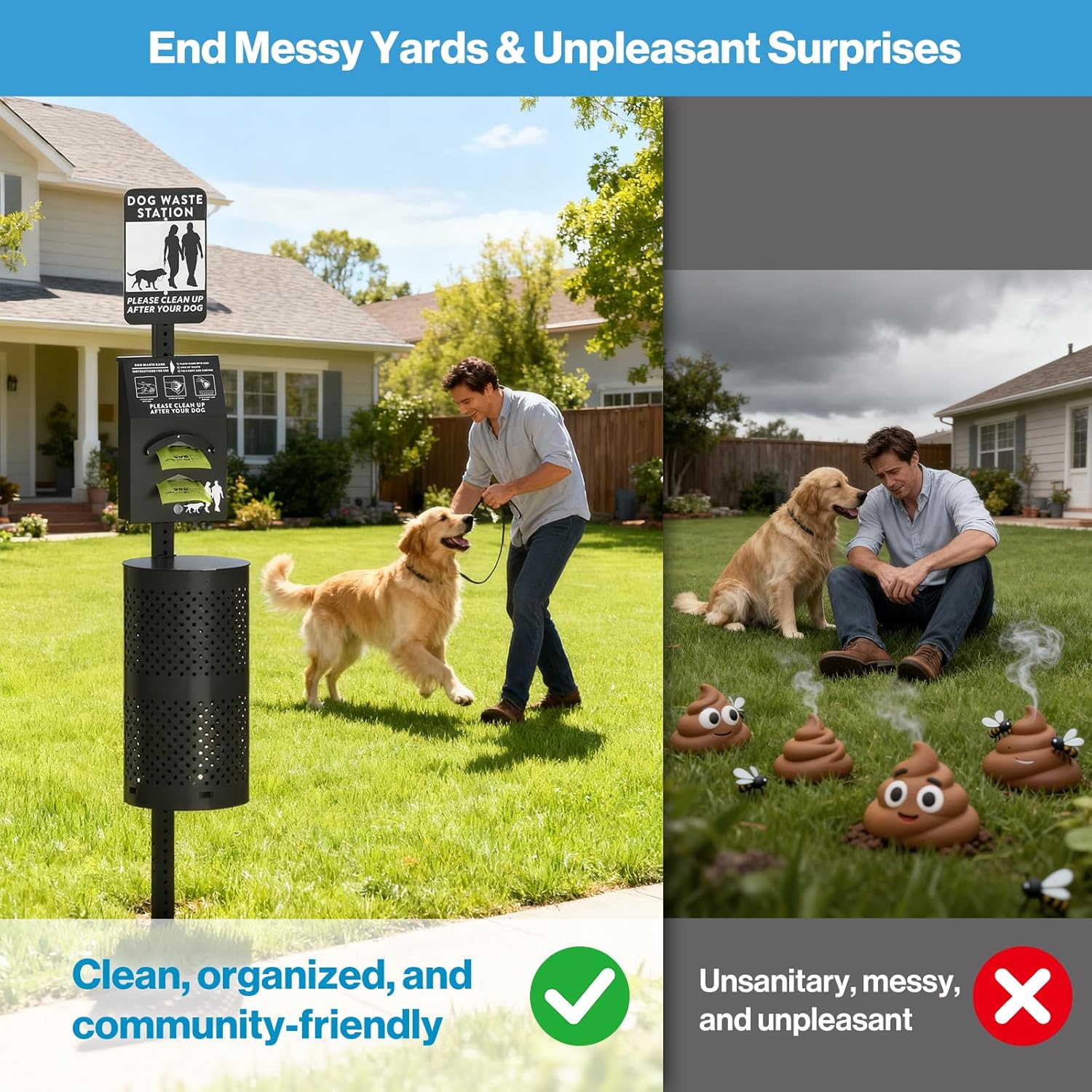 POCHAR Aluminum Rustproof Dog Waste Disposal Station for Pet Parks - 10 Gallon Outdoor Pet Poop Disposal Bin with Reflective Sign & Lid - Included 600 Pet Waste Bags (Black)