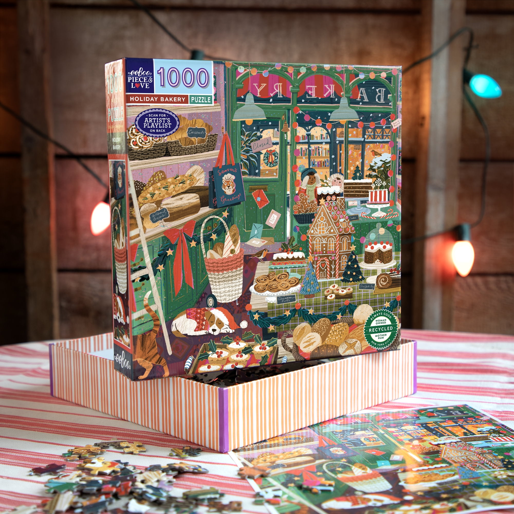 eeBoo Piece & Love: Holiday Bakery - 1000 Piece Puzzle - 23" Square Adult Jigsaw, Victoria Ball’s Cozy English Cottage Bakery Scene, Eco-Friendly
