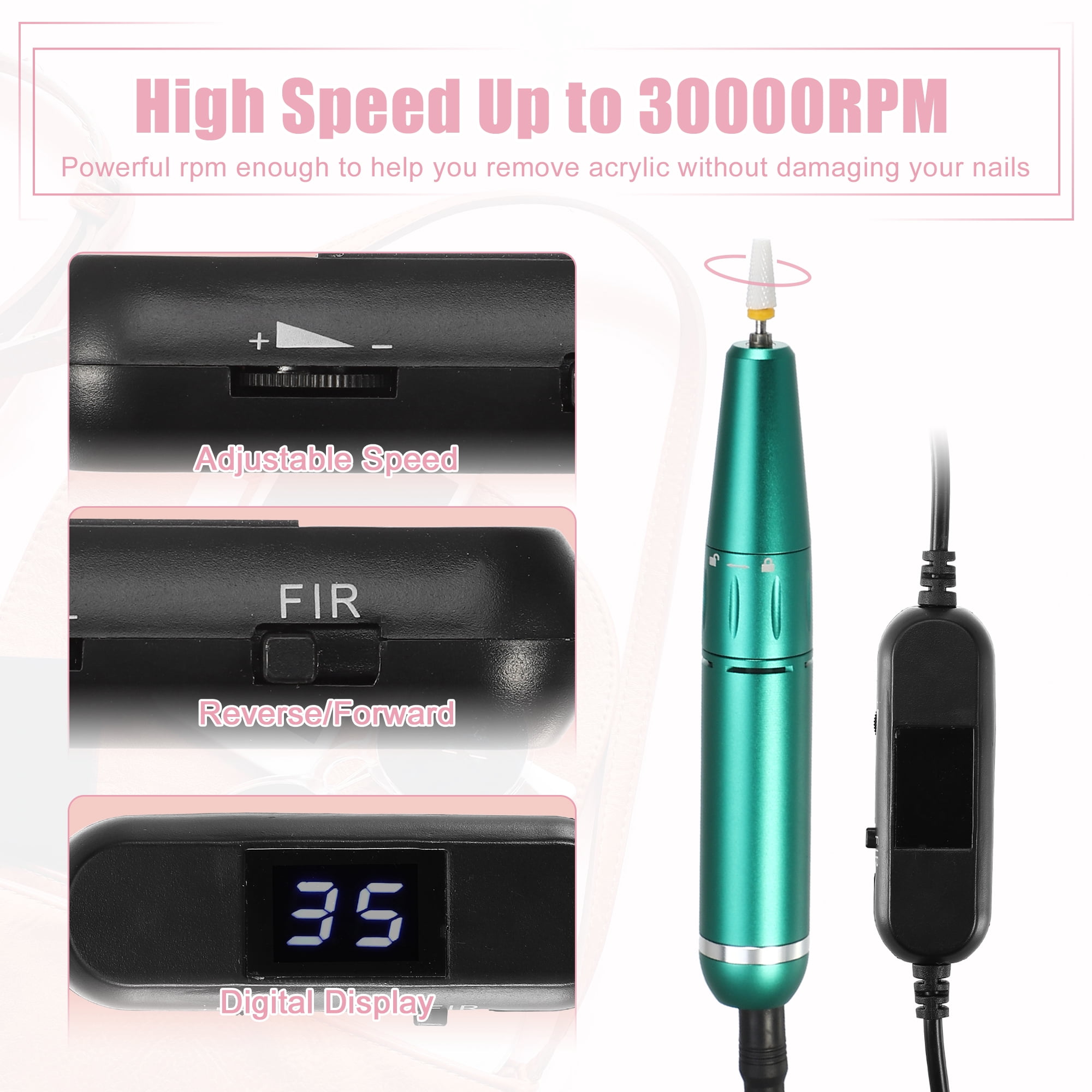 1 Set Electric Nail Drill Kit 30000RPM Nail Drill Machine Digital Display Portable Nail File Drill Green