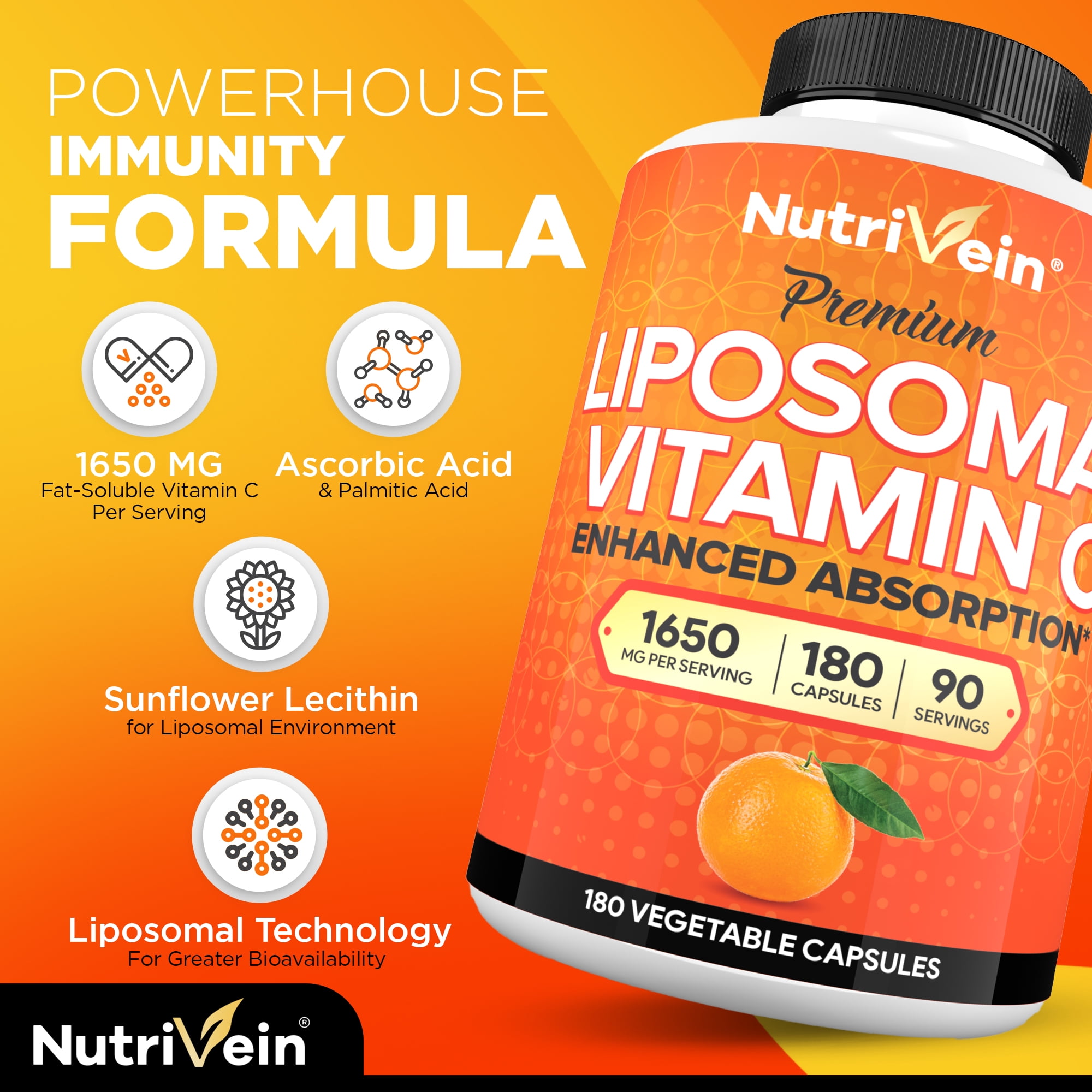 Nutrivein Liposomal Vitamin C Supplement - Immune Support, Vegan - 180 Capsules, 1650 mg