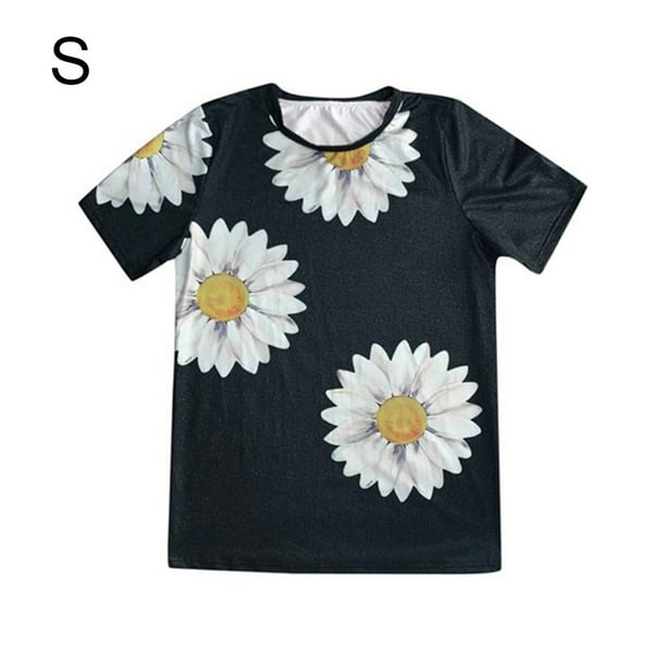 Camiseta Blusa De Manga Corta Con Estampado Floral Mujer Summer Losse Top, Negro, S AweSitey AP002391-01