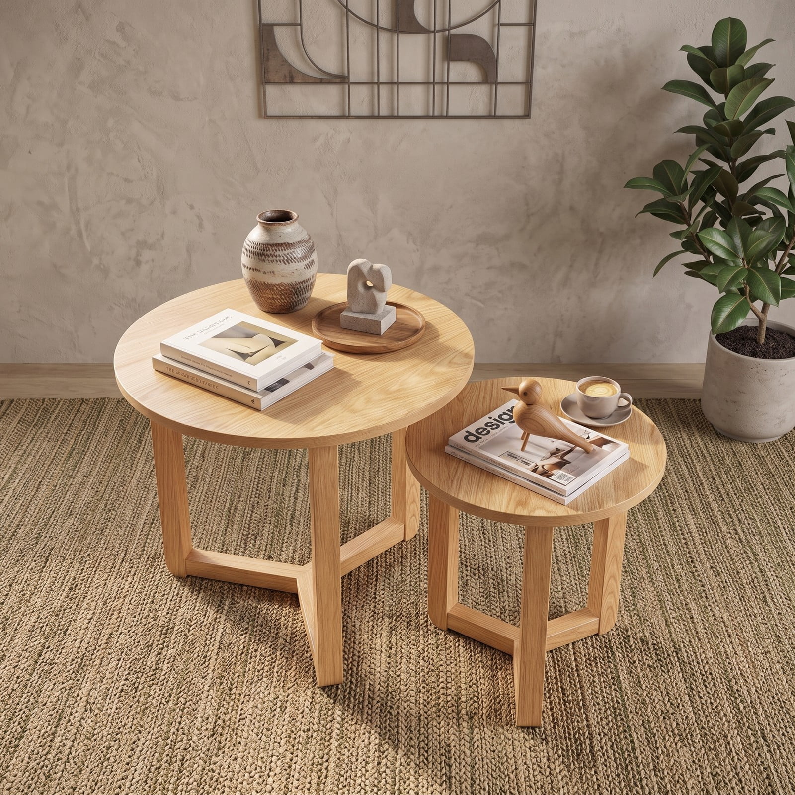 Furnibear Round Nesting Coffee Table Set of 2, Wood Nesting End Tables with Thickened Tabletop and Tripod Frame for Living Room, Space-Saving Side, Natural Walnut