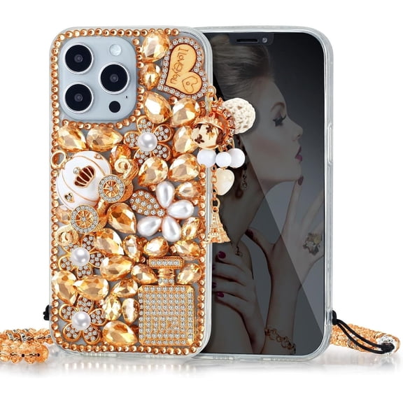 for iPhone 15 Plus Bling Case,Glitter Diamond Luxury Crystal Rhinestone Women Girls Kids Pumpkin Car Love pendant Protective Phone Case for iPhone 15 Plus 6.7 inch,Champagne