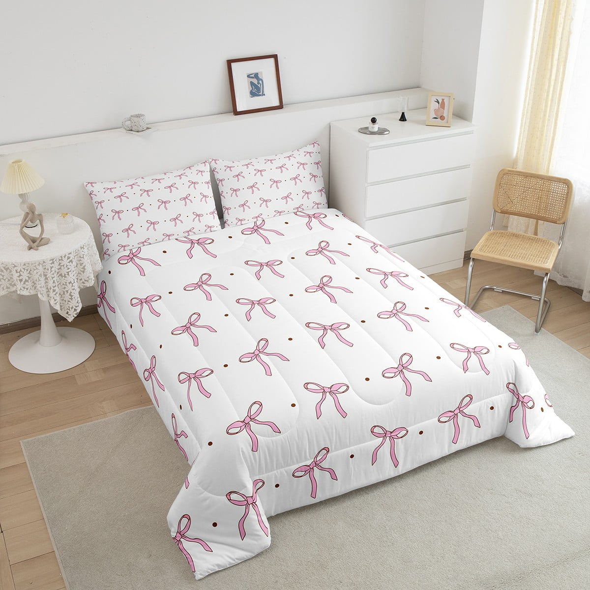 Erosebridal Pink Bowknot Comforter Set Twin Bow Tie Bedding Cute Dots Print Bedding Comforter Sets Aesthetic Coquette Bedroom Decor Princess Style Duvet Insert