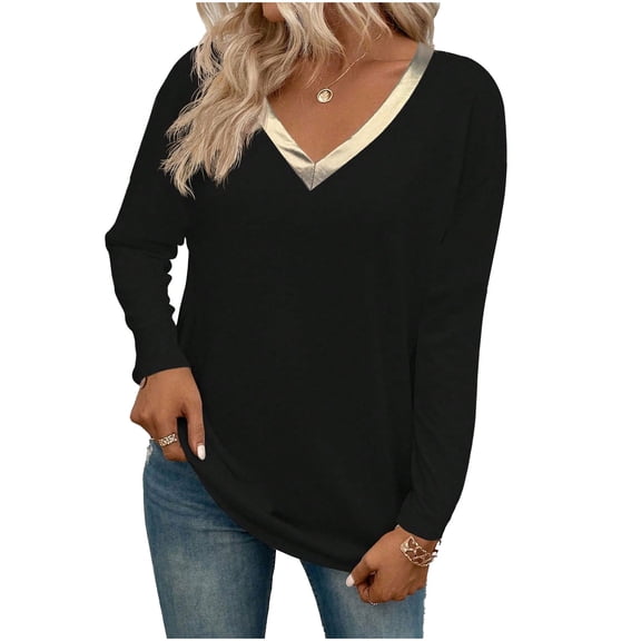 XPMWRP Womens Long Sleeve Oversized Tops V Neck Color Block Lightweight T Shirts Comfy Soft Loose Fit Fashion Pullover Black XL