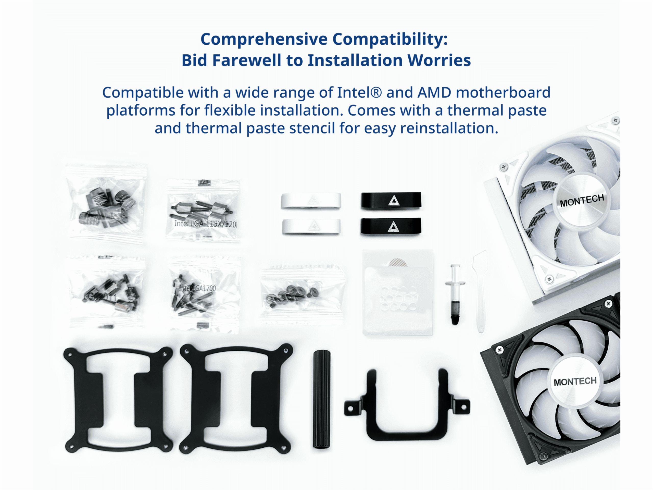 MONTECH HyperFlow ARGB 360 - AIO CPU Liquid Cooler, Intel&AMD Compatible, Chart-Topping Performance, Enhanced 3100RPM Water Pump Design, 3X Metal Pro 12 ARGB Ultimate Cooling Fans - White