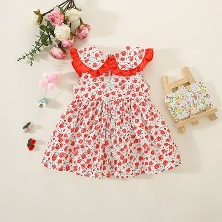 

PEASKJP Prom Dresses for Girls Children Girls Floral Short Sleeve A-Line Round Neckline Pageant Dress Vintage Ruffled Halter Dress for Girls Red 2-3 Years