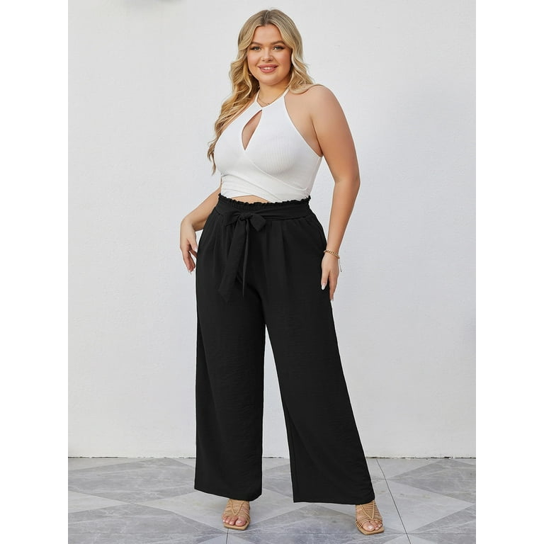 Ahualy High Waisted Flowy Pants for Women Trendy Wide Leg Baggy Beach  Palazzo Pants Stretchy Drawstring Pants with Pockets : : Clothing