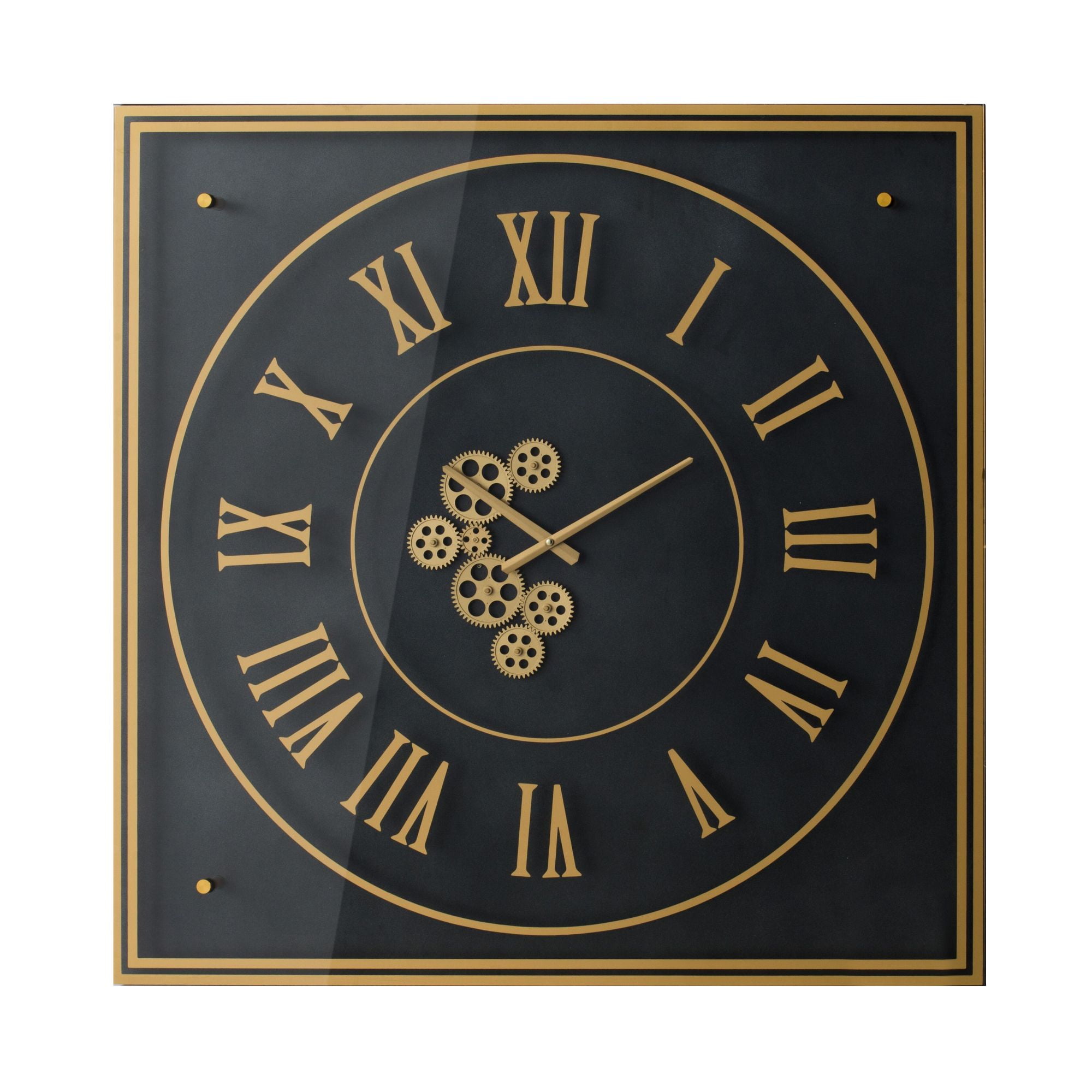 35.25" Black and Gold Gear Roman Numerals Square Framed Wall Clock