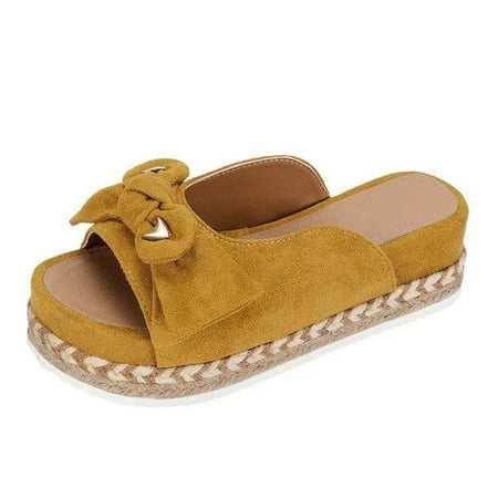 

Honeeladyy Sales Women s Summer Flat-shaped Hemp Rope Platform Shoes Bow Lightweight Breathable Comfortable Slippers