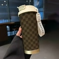 thumbnail image 4 of 18oz Stainless Steel Insulated Travel Mug with Straw and Hand Strap - 316 Stainless Steel Insulated Mug, Leak-proof and Insulated, Gold Checkered Lid, Suitable for Hot and Cold Drinks, Perfect as a G, 4 of 8
