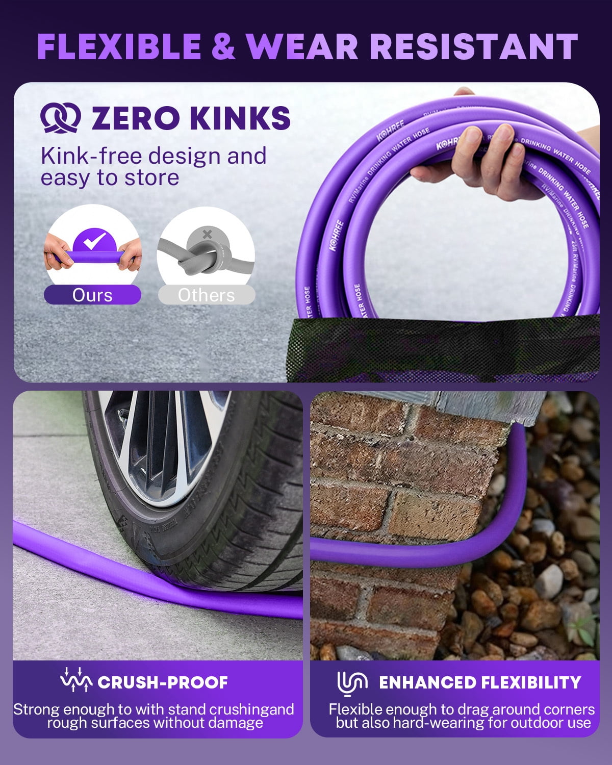 Kohree 50FT RV Water Hose – NSF Certified 5/8" Premium Drinking Water Hose, Safe & Lead-Free, No Kink and Flexible Garden Hose with Storage Bag for RV, Camper, Truck, Car, Purple