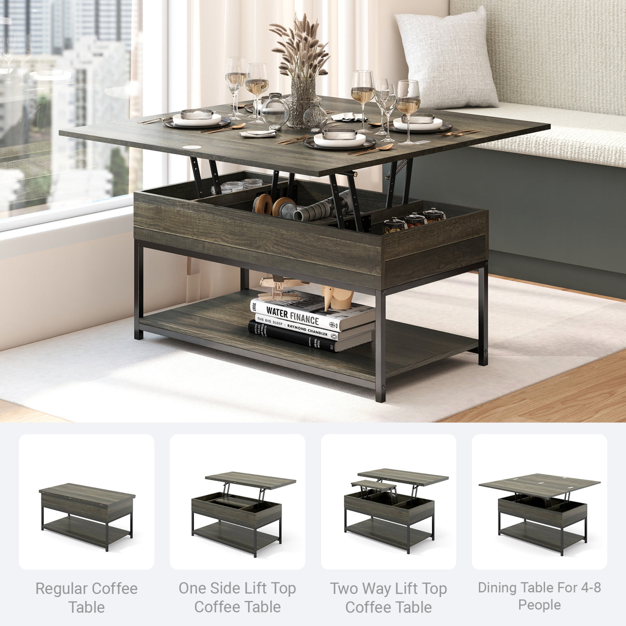 Manxile Lift Top Coffee Table with Storage Shelf, Farmhouse Coffee Table for Living Room, Charcoal Oak Finish