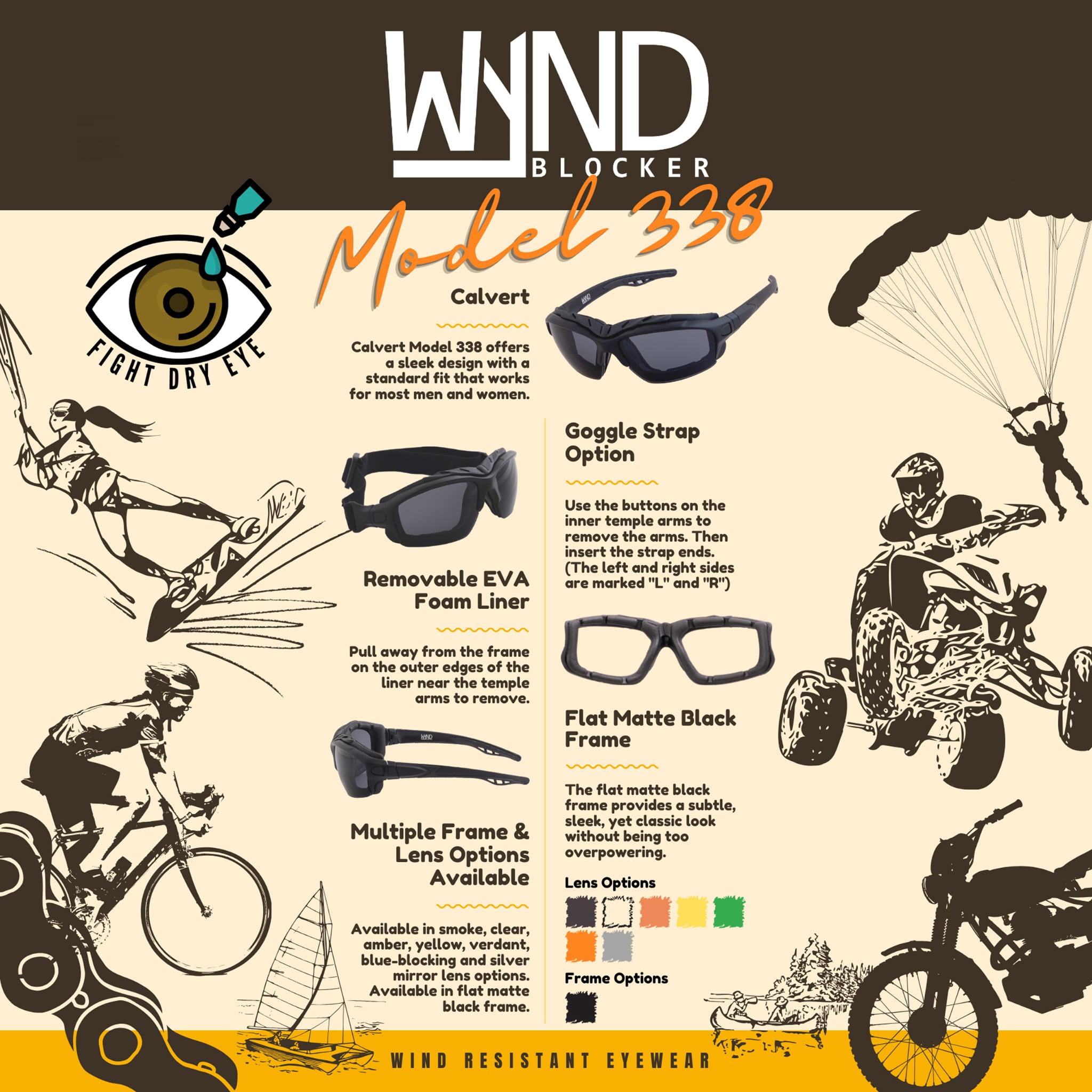 WYND Blocker Calvert Wind Resistant Motorcycle Riding Sunglasses Dry Eye Glasses (M338 - Black, Blue Blocking)