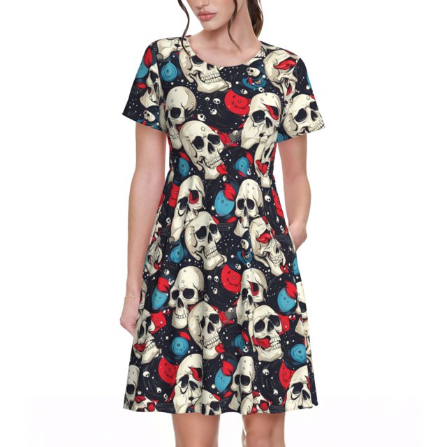 Balery rock record Skull artist Vestidos sueltos de manga corta para mujer, vestidos de verano 2025, vestidos casuales de corte A con vuelo.