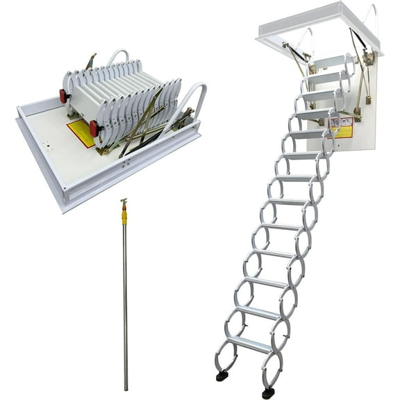 PreAsion Attic Pull Down Ceiling Ladder Stairs Concealed Telescopic Folding Ladder 13 Steps Pulldown Attic Steps with Armrests White Titanium-Magnesium Alloy