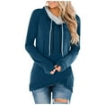 thumbnail image 2 of Women's Fashionable Solid Color Long Sleeved Loose Pile Neck Hooded Sweatshirt Top, Asymmetric Hem Fall Winter Fashion with Soft Material for Stylish Outfits,Dark Blue,2XL, 2 of 6