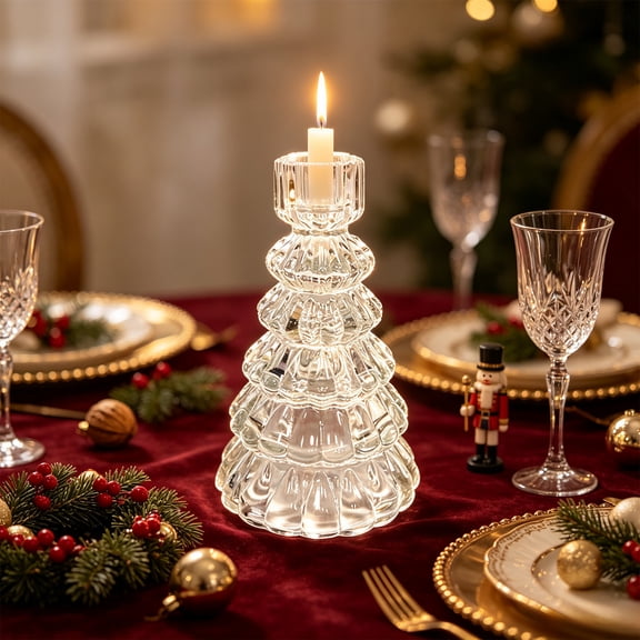 Clear Christmas Tree Glass Candle Holders, Taper Tealight Candlestick Holders for Table Centerpieces, Xmas Tree Shaped Decorations, for Party Winter Holiday Farmhouse Centerpiece Decor