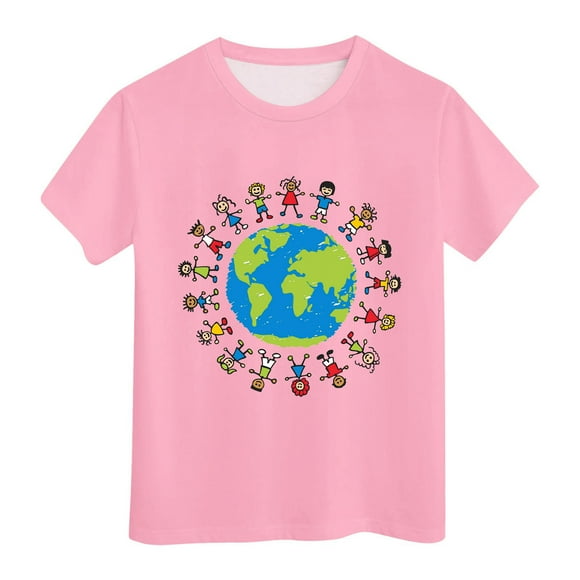 Summer Tops Kids Summer Breathable Short Sleeve Tops Children Earth Cartoon Printed Children's Day T Shirt Chemises Garçon Pink 10 Years-11 Years