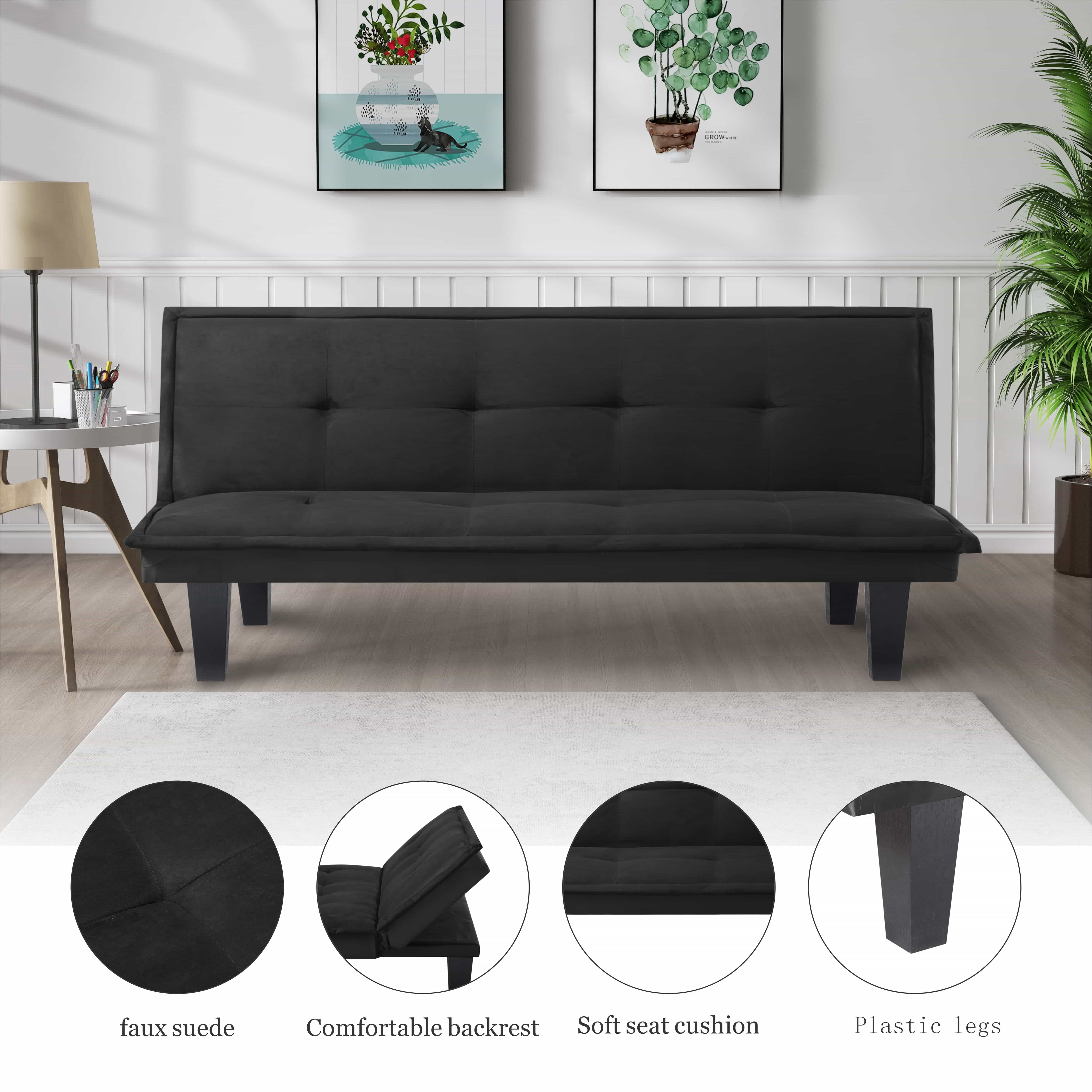 BSHTI 63.8 inch Futon Sofa Bed，Black Faux Suede Upholstered Sofa Couch,Convertible Sleeper Futon Sofa Bed for Livingroom
