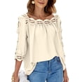 thumbnail image 3 of Mujer Media Manga Top Encaje Patchwork Ahueca Hacia Fuera Suelta Ajuste Color Puro Jersey Camisa Albaricoque XXL, 3 of 6