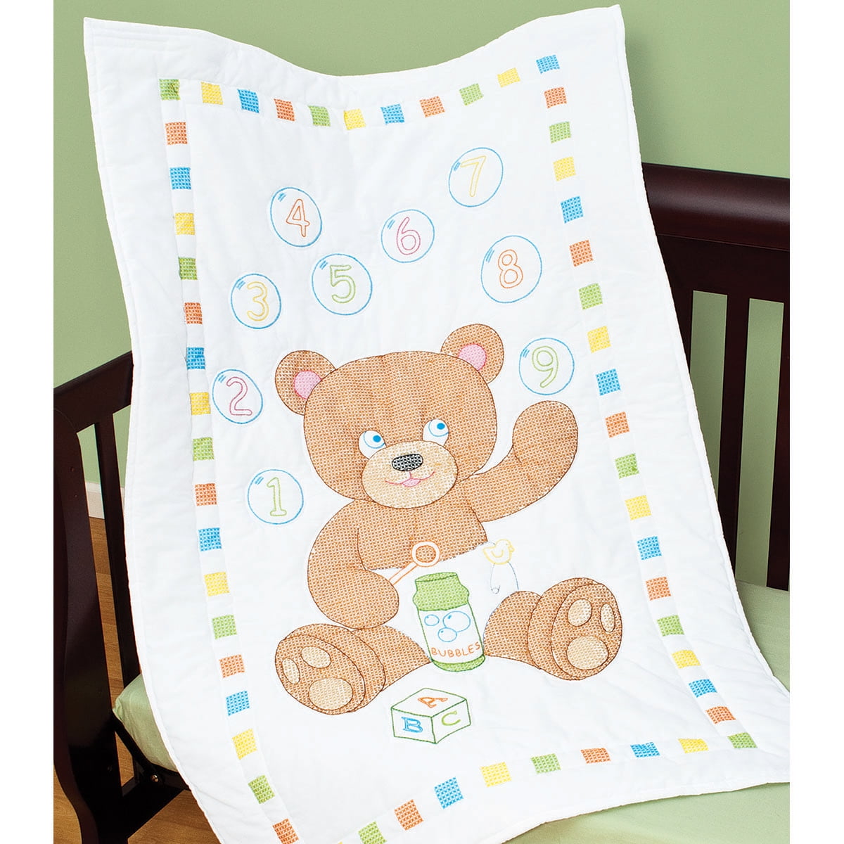 Stamped White Quilt Crib Top 40"X60"Bear With Bubbles, Pk 2, Jack