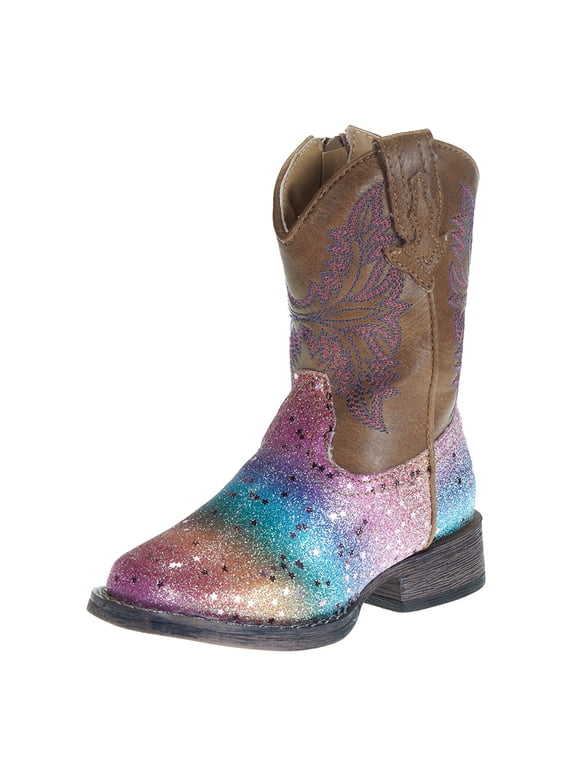 Toddler-Girls' Rainbow Glitter Western Boot Square Toe Tan 8 D(M) US