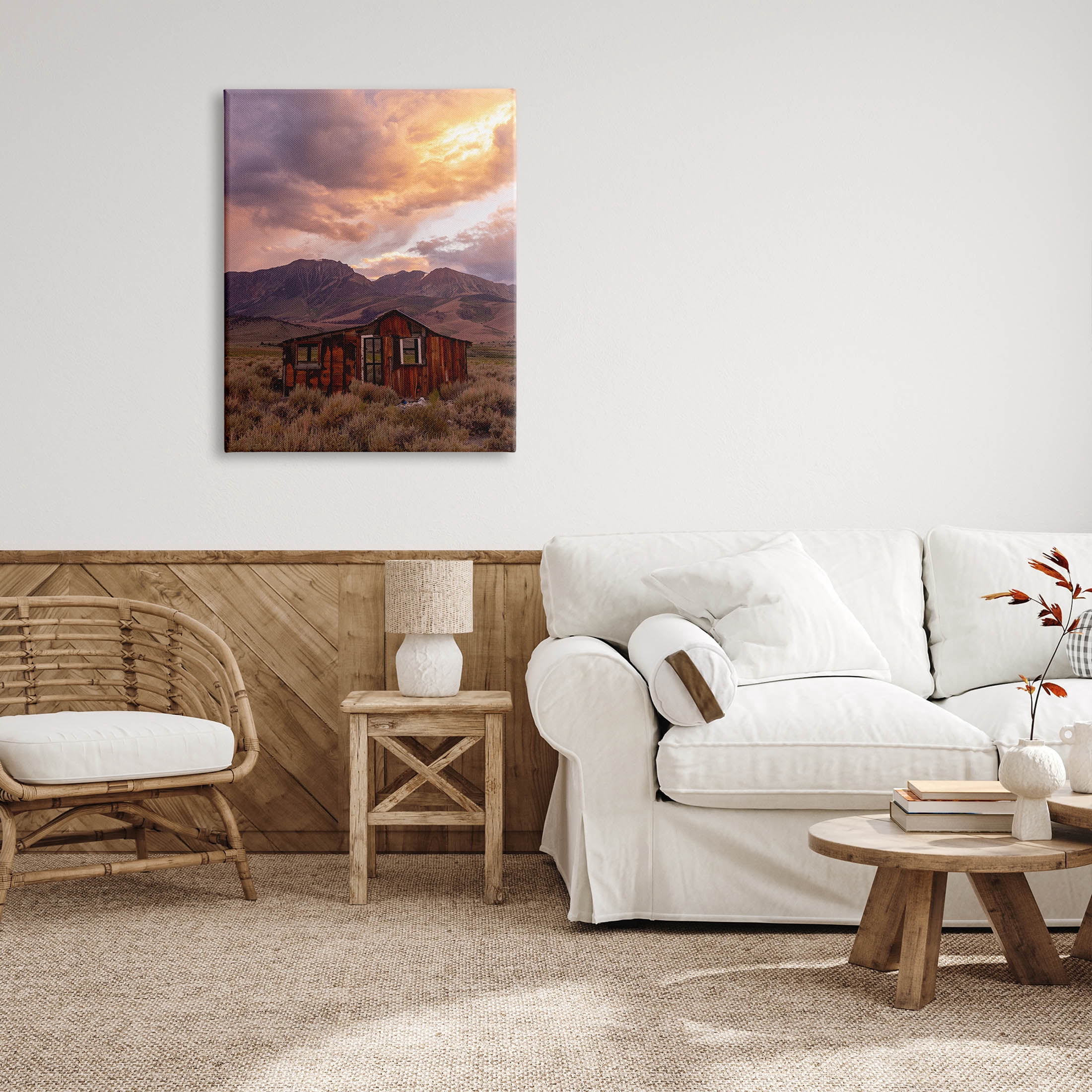 Rural Sunset Countryside Hut Landscape Photograph Gallery Wrapped Canvas Print Wall Art