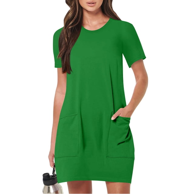 Robes Femmes DYTTDG Robe pour Femme Col Rond Manches Courtes Ample Décontractée Mini-Robe avec Poches Économies jusqu'à 30 % de Rabais Vert,m