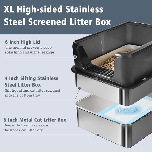 24" x 16" x 12" Stainless Steel Sifting Litter Box with Lid, Extra Large Metal Sifting Cat Litter Box for Pine Pellet, High Sides Metal Litter Box System for Big Cats, Anti-Leakage(Grey)