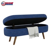 GZXS Linen Upholstered Ottoman with Storage, 43.5-Inch Oval Footrest Bench with Rubber Wood Legs, Modern End of Bed for Bedroom, Living Room, Entryway (Blue)