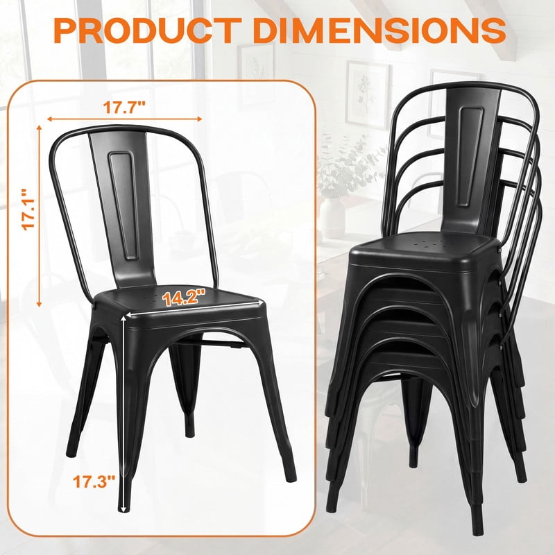 Lacoo Metal Dining Chairs Set of 4, Stackable Indoor Tolix Trattoria Side Chairs with Backrest for Kitchen Bistro Cafe, Black