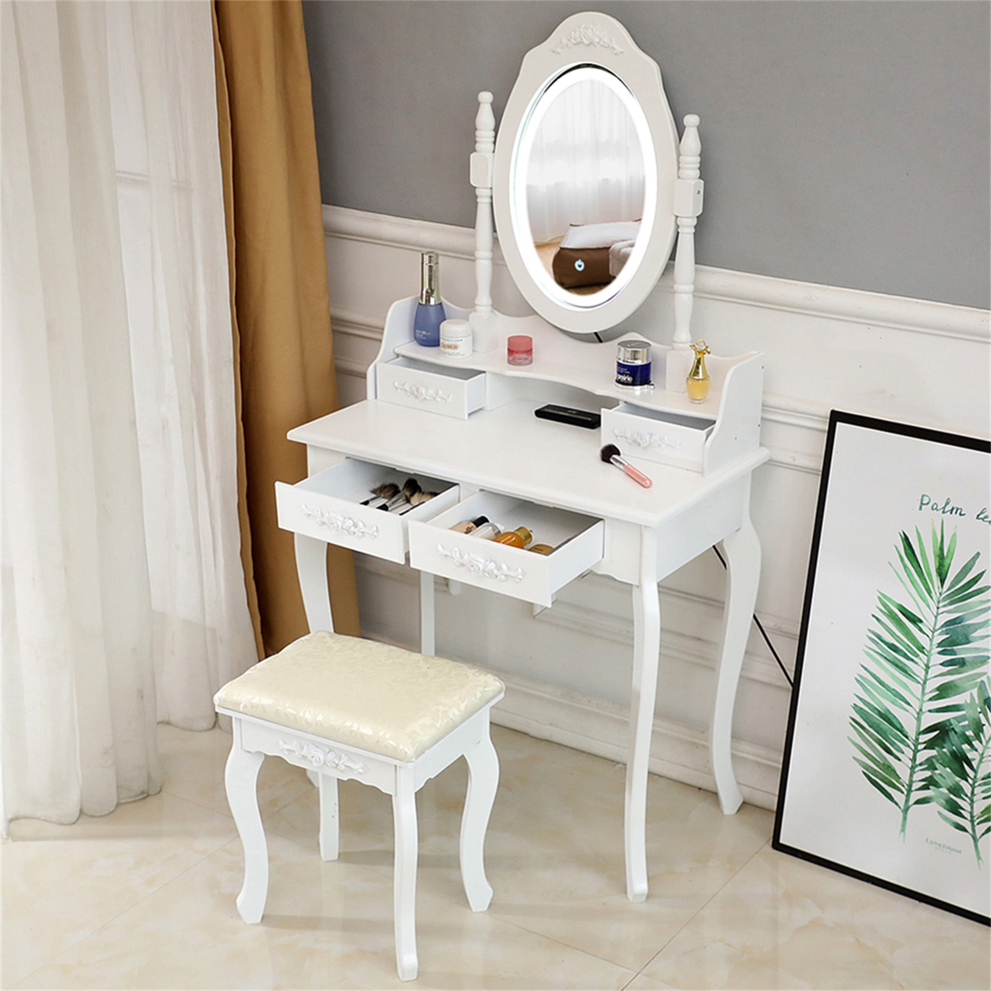 Kadyn Vanity Desk with Lighted Mirror, Vanity Table and Chair Set with 4 Drawer, White