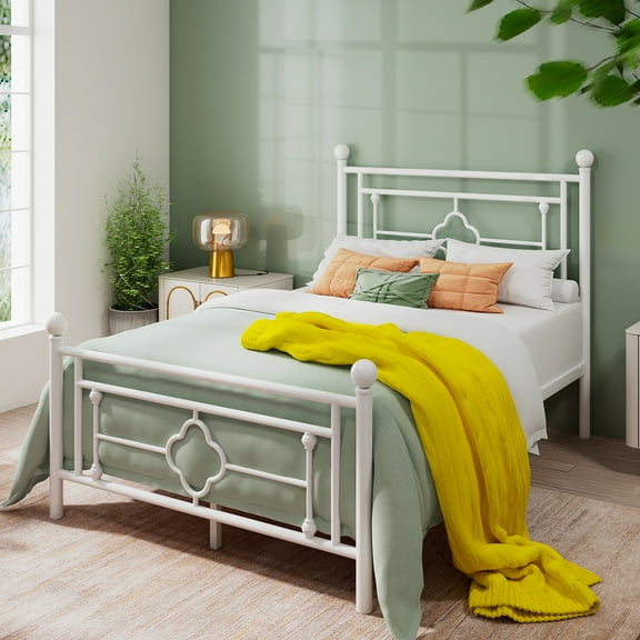 Einfach Twin Size Heavy Metal Bed with Vintage Headboard Pattern, White