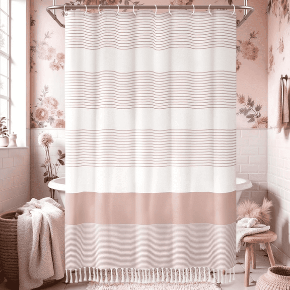 Psoiuetr Boho Pink Shower Curtain for Bathroom Stripe Tassel Fabric Shower Curtain 72 X 72 Inches Farmhouse Linen