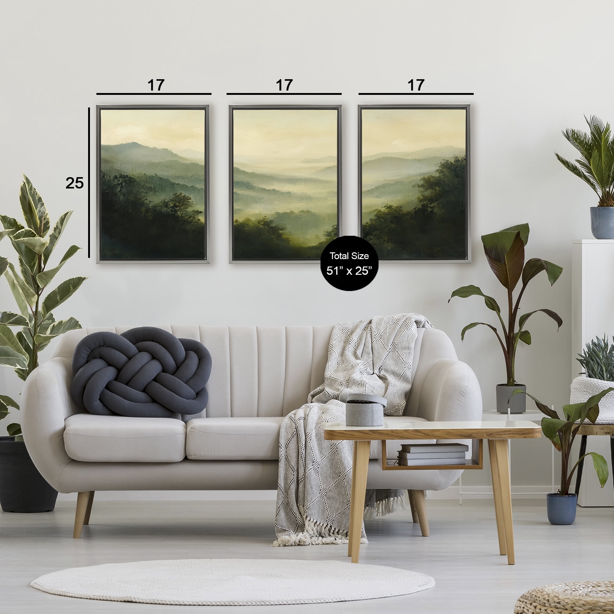 Stupell Industries Through The Haze Mountain Panorama 3 Piece Gray Framed Floater Canvas Set, design by Petal Prints Design