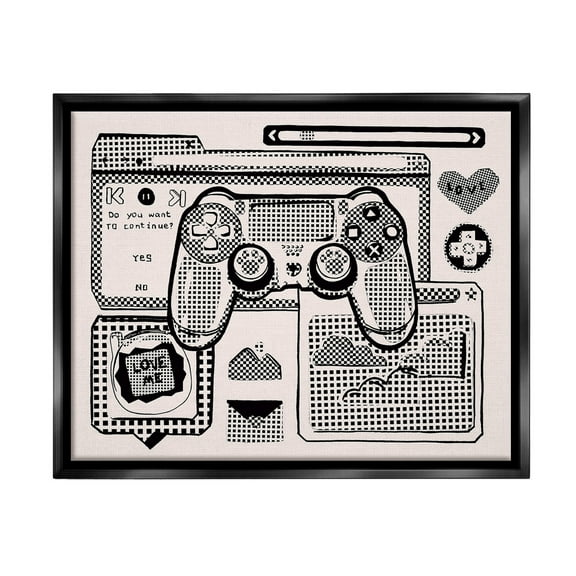 Stupell Industries Retro Gamer Collage Typography Painting Black Floater Framed Canvas Art Print Wall Art, 21 x 17